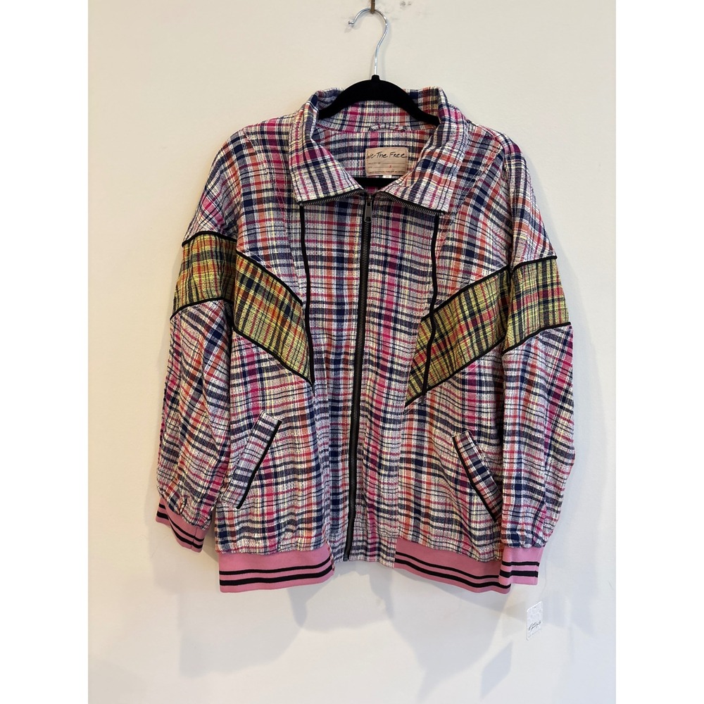 Free People Penny Plaid full zip Up Jacket Pink black small 80s NWT New casual - Picture 3 of 7